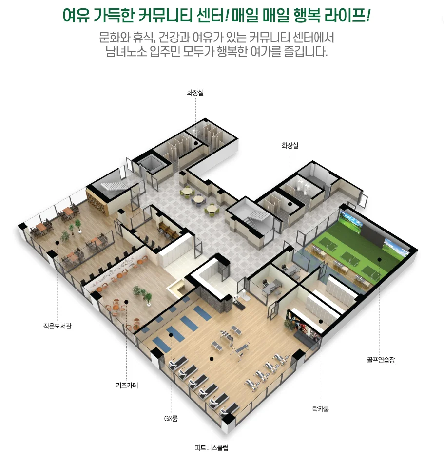 커뮤니티 센터 구성도: 작은도서관, 키즈카페, GX룸, 피트니스클럽, 락카룸, 골프연습장